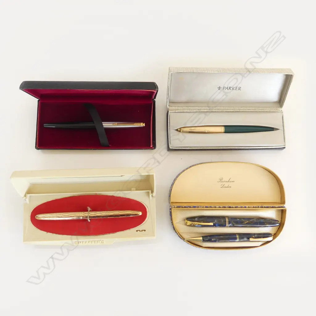 5 BOXED PENS: SHEAFFER'S + PARKER 75 + 2x BURNHAM in 1 box + PARKER 45 Custom Image 1++