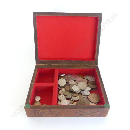 LEATHER BOX w. ASST WORLD COINS