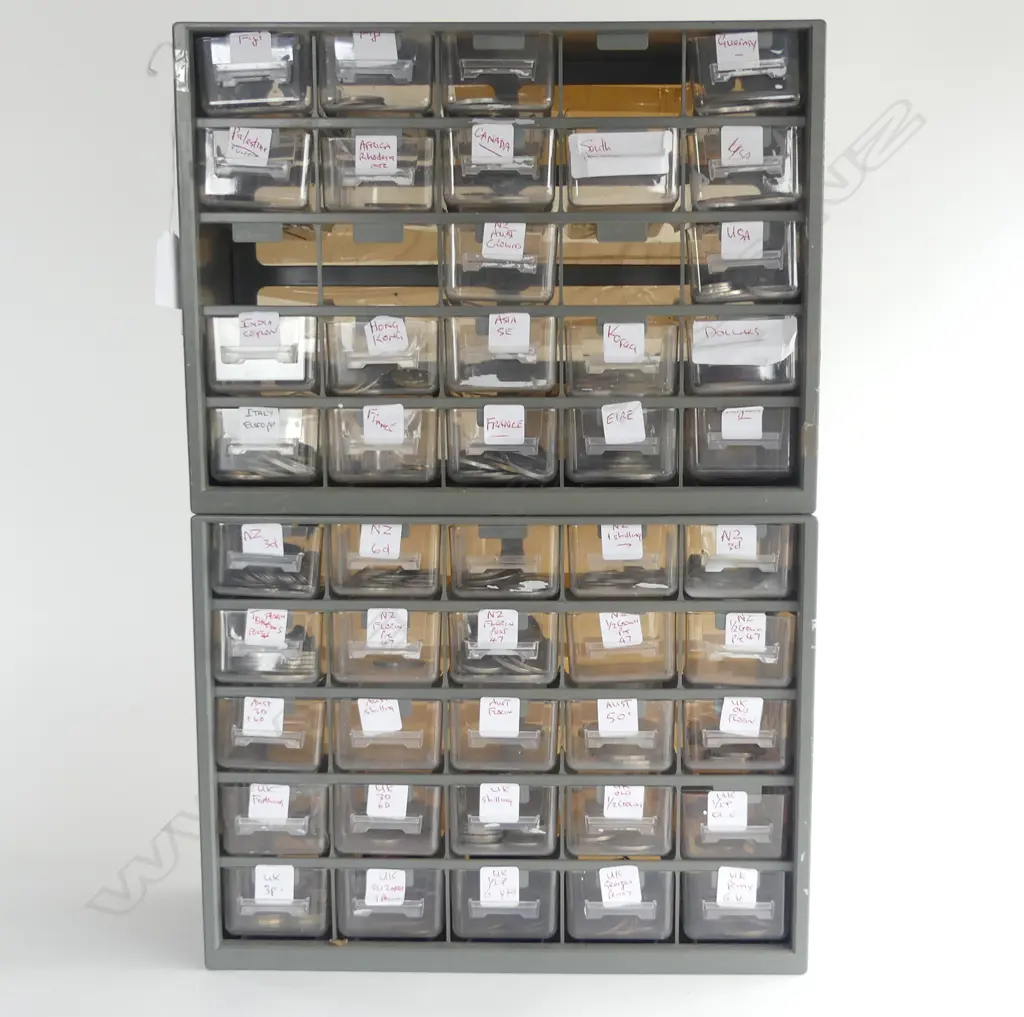 2 CABINETS OF ASST. WORLD COINS 300x125x230mm each Image 1++