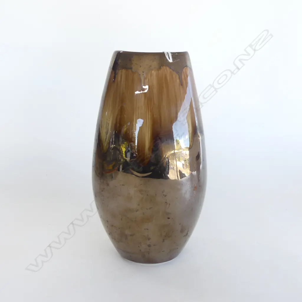 POOLE TALL VASE OVAL FORM STREAKY BROWN GLAZE H.250mm Image 1++