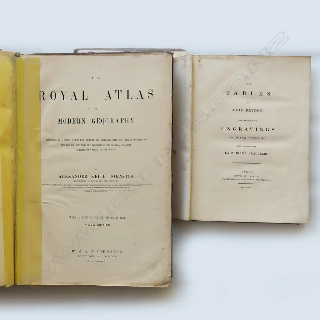 TWO LARGE VICTORIAN LEATHER BOUND BOOKS 'ROYAL ATLAS' & 'FABLES OF JOHN DRYDEN', BOTH DISTRESSED & 1 COVER SEPARATED Image 1++