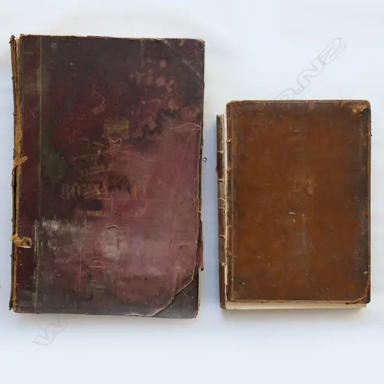 TWO LARGE VICTORIAN LEATHER BOUND BOOKS 'ROYAL ATLAS' & 'FABLES OF JOHN DRYDEN', BOTH DISTRESSED & 1 COVER SEPARATED