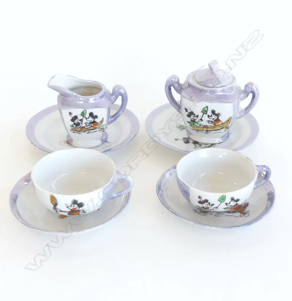 1930’S MICKEY MOUSE LUSTRE WARE CHINA TEA SET MADE IN JAPAN 2 X CUPS/SAUCERS/PLATES, MILK JUG & LIDDED SUGAR BOWL D.95MM Image 1++