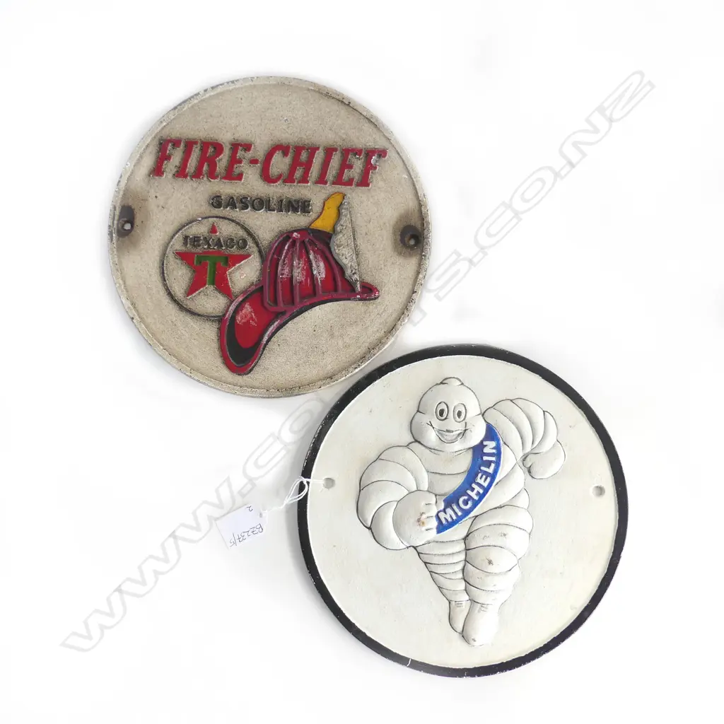 2 METAL PLAQUES; MICHELIN MAN & FIRE-CHIEF 245mm dia Image 1++