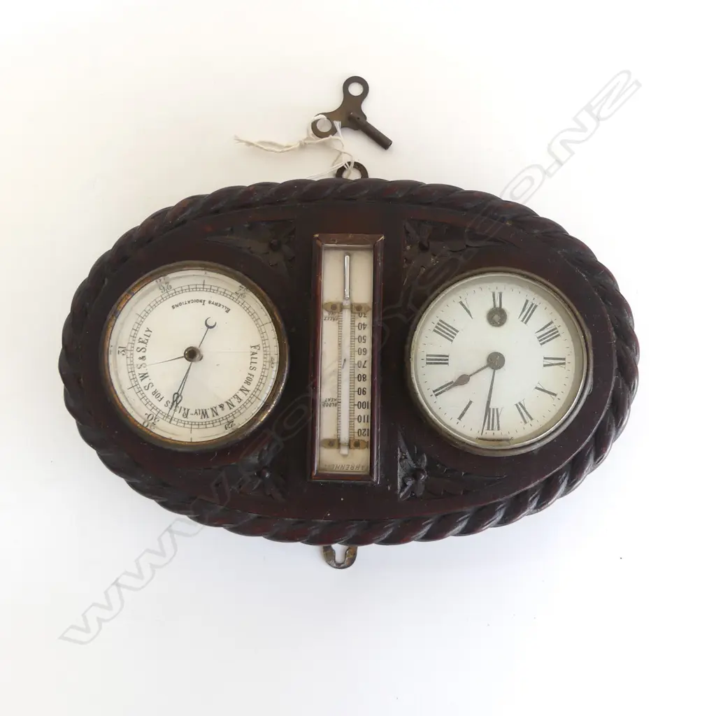 ANTIQUE CLOCK, BAROMETER, AND THERMOMETER WITH KEY IN MAHOGANY CARVED MOUNT (1 GLASS A/F) L.30CM Image 1++