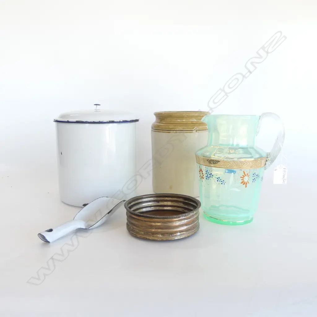 4 PCES; VICTORIAN GLASS JUG, OSP WINE COASTER 135mm dia, WHITE ENAMEL JAR & SCOOP, CROCK H.200mm Image 1++