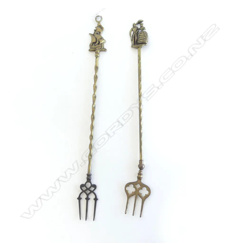 TWO VINTAGE BRASS TOASTING FORKS GALLEON & CRINOLINE LADY RD.NO. L.48CM & 51CM Image 1++