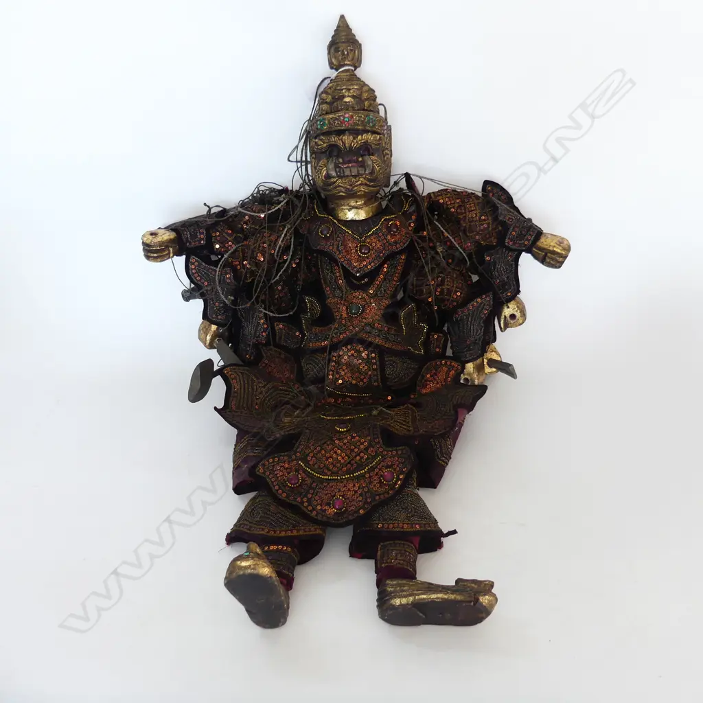 An old Burmese gilt teak wood puppet with ten arms traditional costume, studded with sequins & glass beads. H.850mm Image 1++