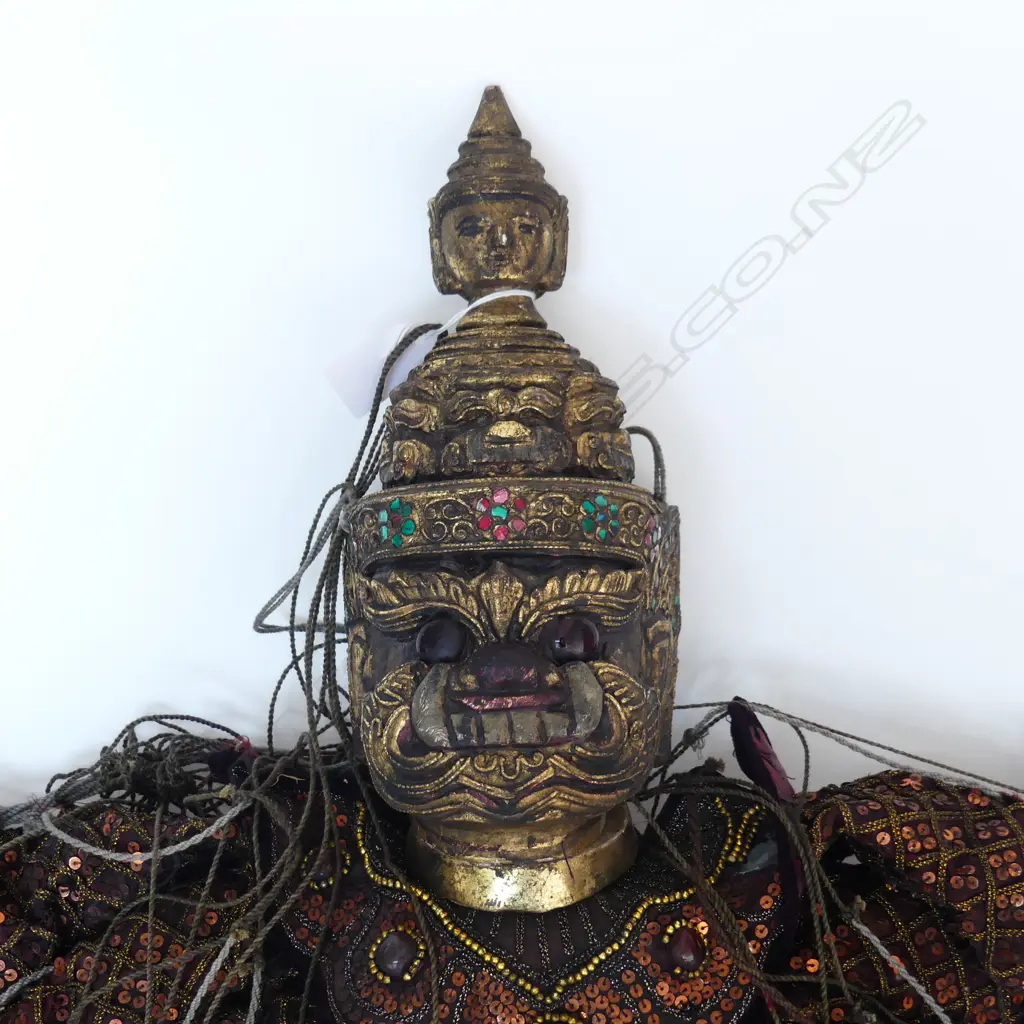 An old Burmese gilt teak wood puppet with ten arms traditional costume, studded with sequins & glass beads. H.850mm Image 1++