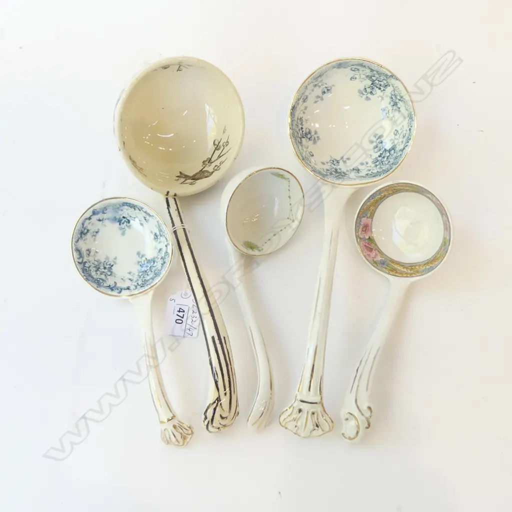 FIVE VICTORIAN CHINA LADLES BIRDS IN TREE ETC L.18CM-27CM Image 1++