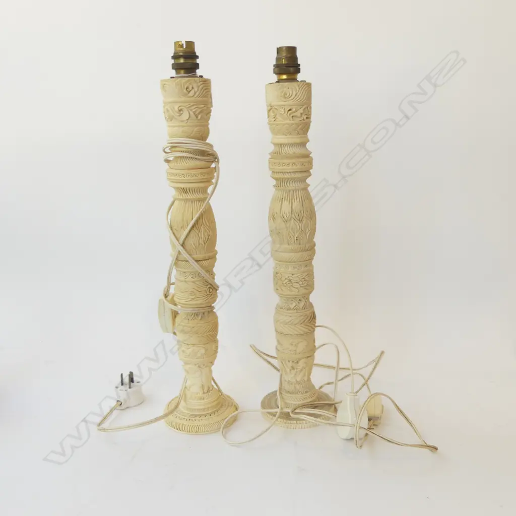 PR VINTAGE TALL CARVED IVORY TABLE LAMPS sectional H.430mm suggest rewiring Image 1++