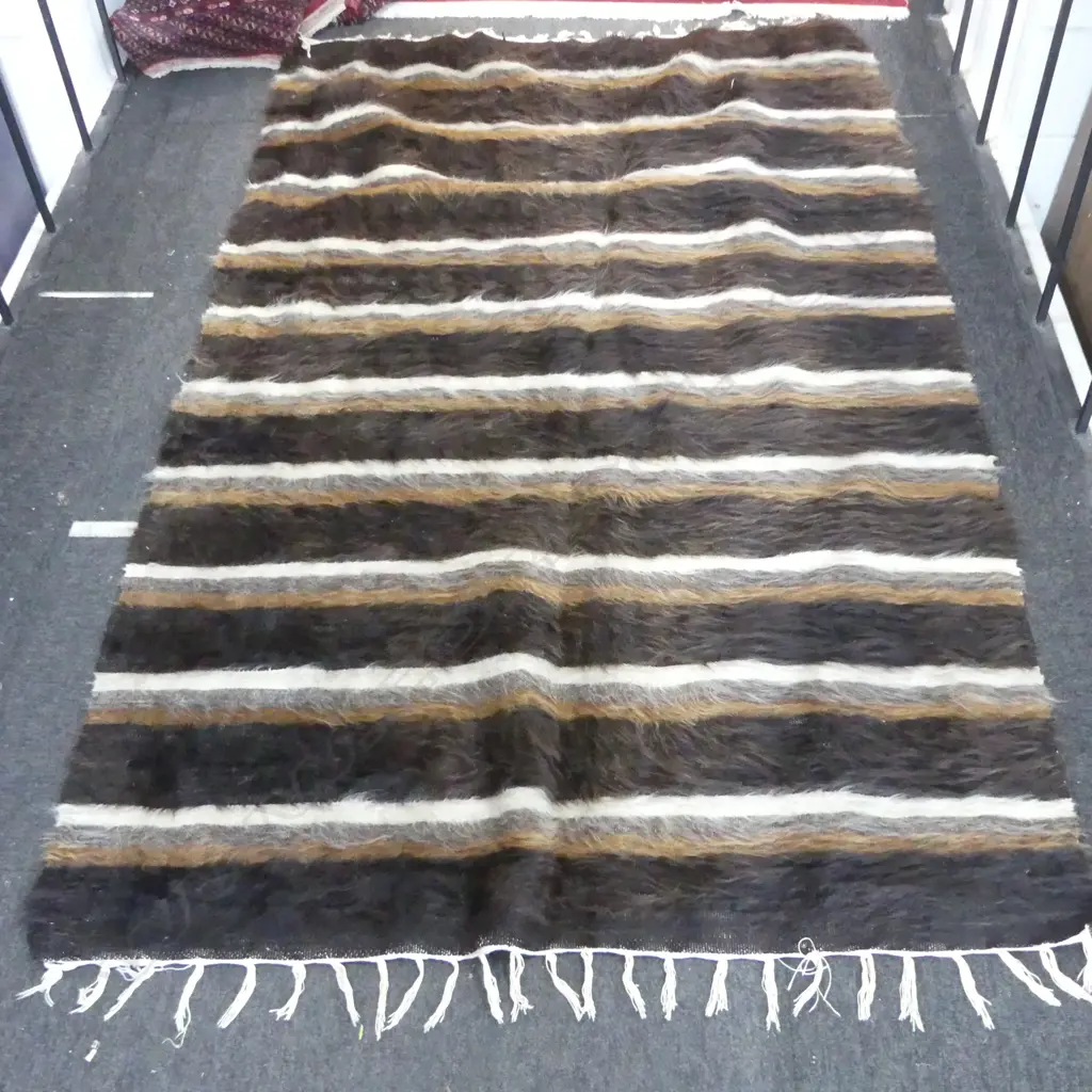 LG VINTAGE TURKISH STRIPED RUG; BROWN MOHAIR ON COTTON Image 1++