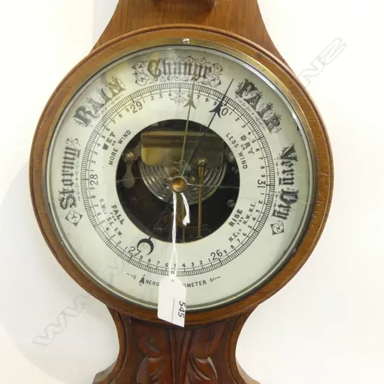 CLASSIC3-FOOTED OAK ANEROID BAROMETER WITH THERMOMETER . CRACKED GLASS REPAIR REQUIRED. 800mm