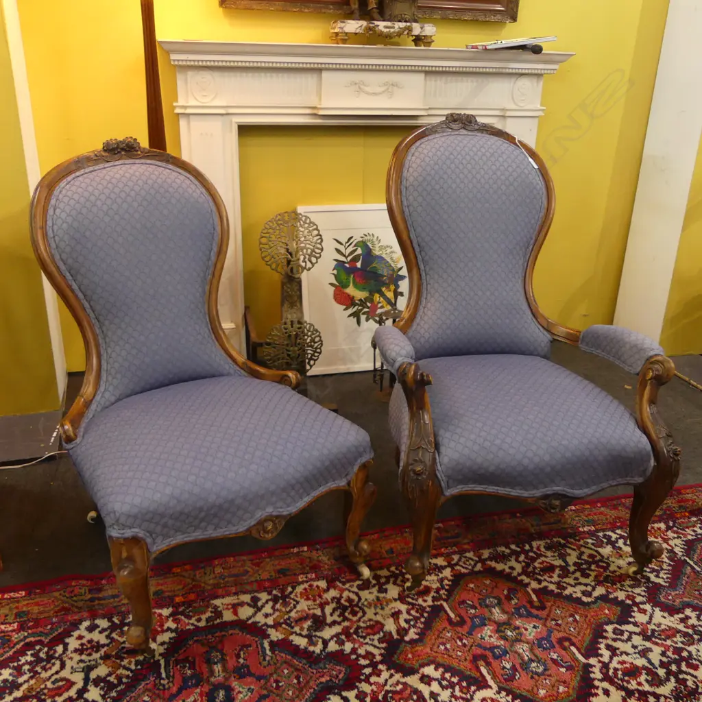 PR VICTORIAN GRANDFATHER & GRANDMOTHER CHAIRS - BLUE UPHOLSTERY... Image 1++