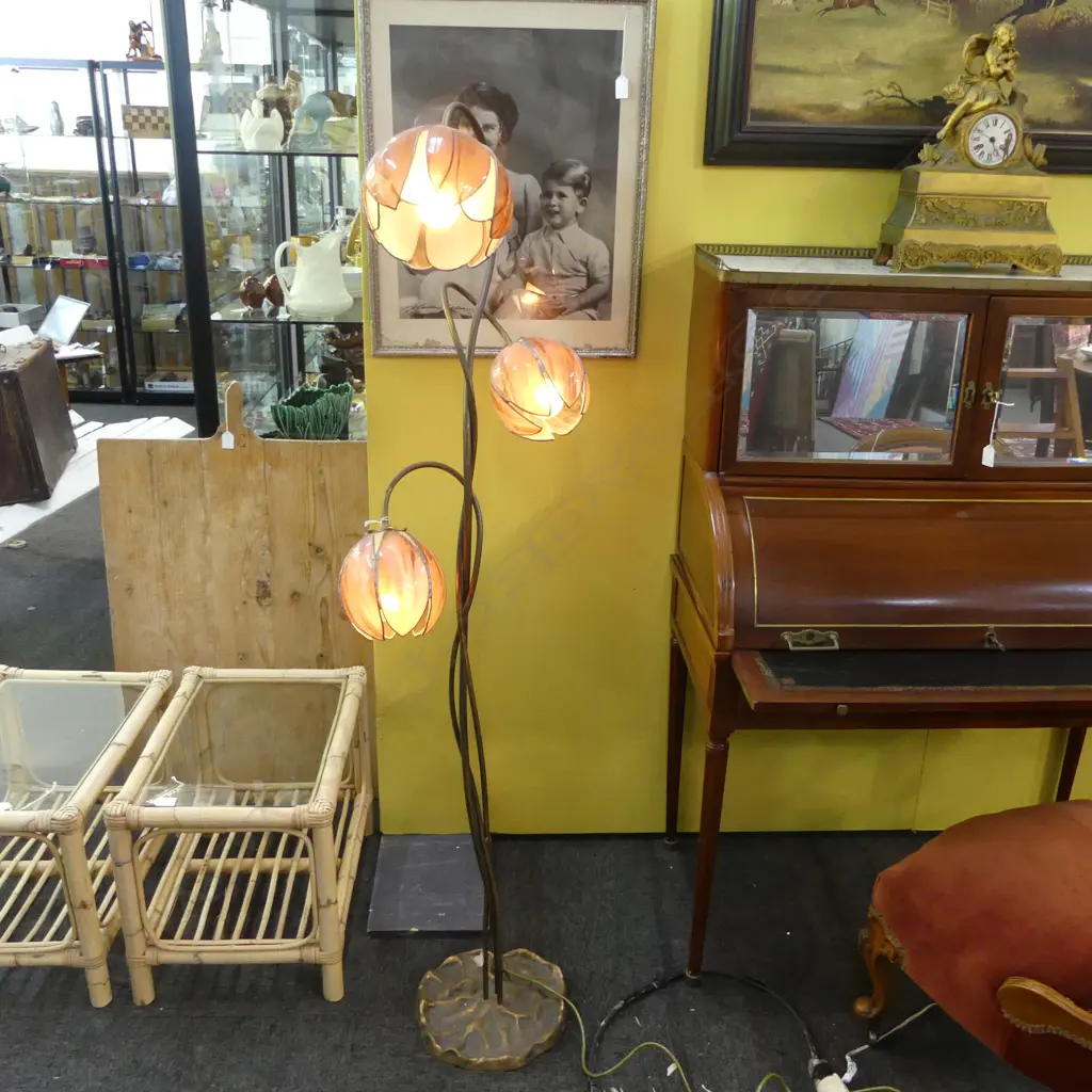 JOHN BRITTEN ? TULIP FLOOR LAMP w. 3 PURPLE GLASS FLOWERS H.1550mm Image 1++