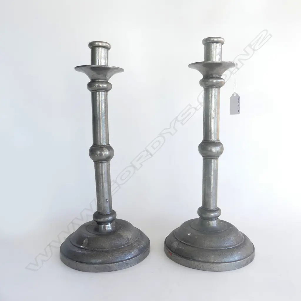 Pr PEWTER CANDLE STICKS slight damage to 1 rim 340mm Image 1++