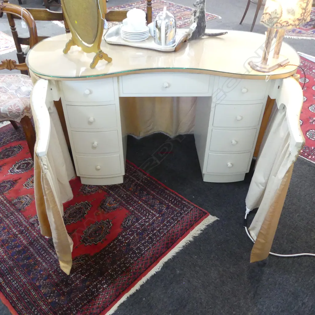VINTAGE KIDNEY SHAPED SKIRTED DRESSING TABLE - GLASS TOP 1330x600x735mm Image 1++