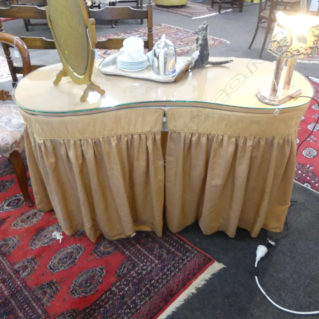 VINTAGE KIDNEY SHAPED SKIRTED DRESSING TABLE - GLASS TOP 1330x600x735mm Image 1++