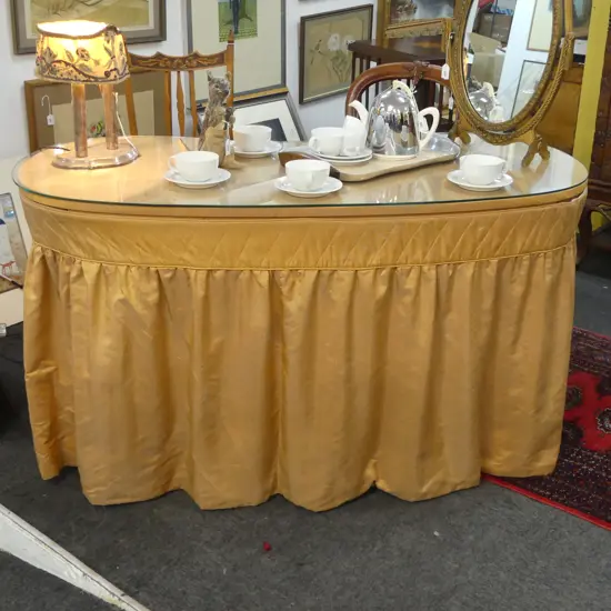 VINTAGE KIDNEY SHAPED SKIRTED DRESSING TABLE - GLASS TOP 1330x600x735mm