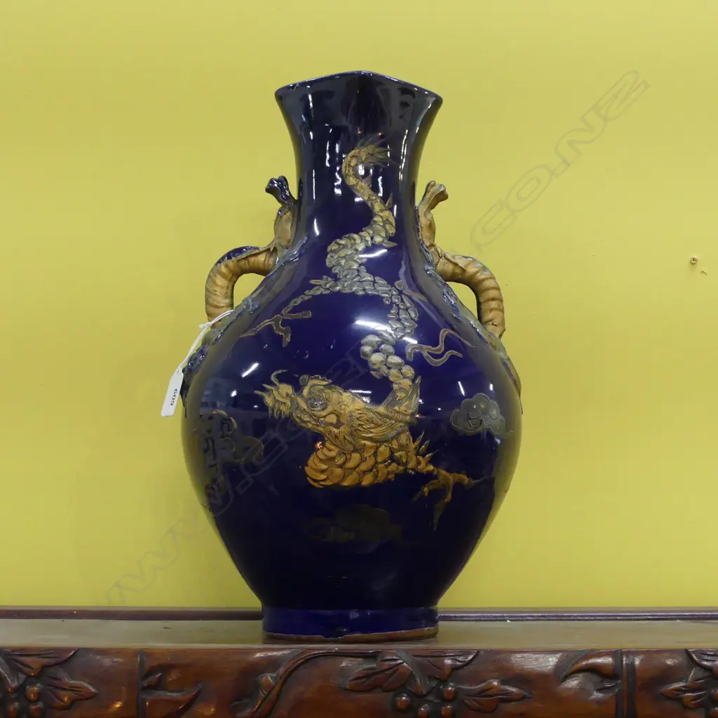 LG ORIENTAL VASE; DRAGON DECORATION, HANDLE REPAIRED H.390mm Image 1++