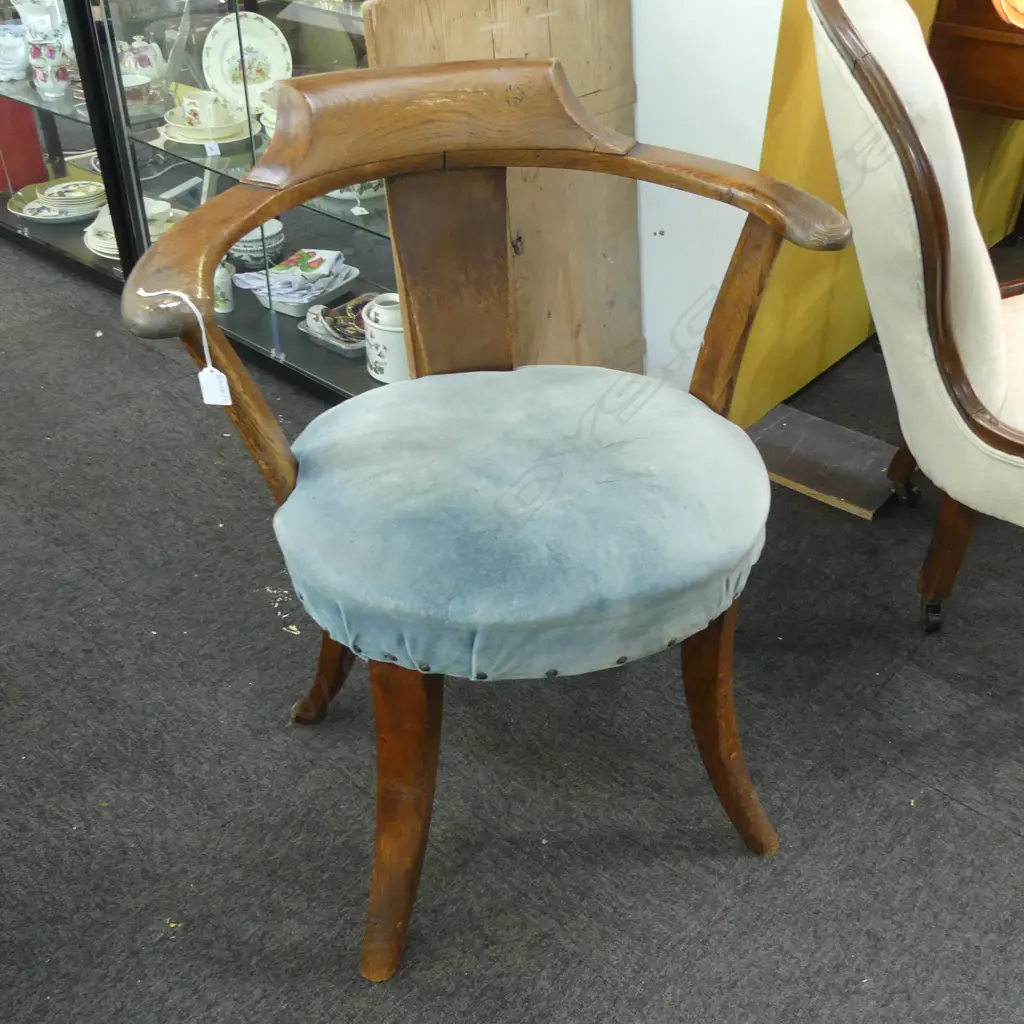 ANTIQUE CAPTAINS ARM CHAIR, BLUE VELVET SEAT Image 1++