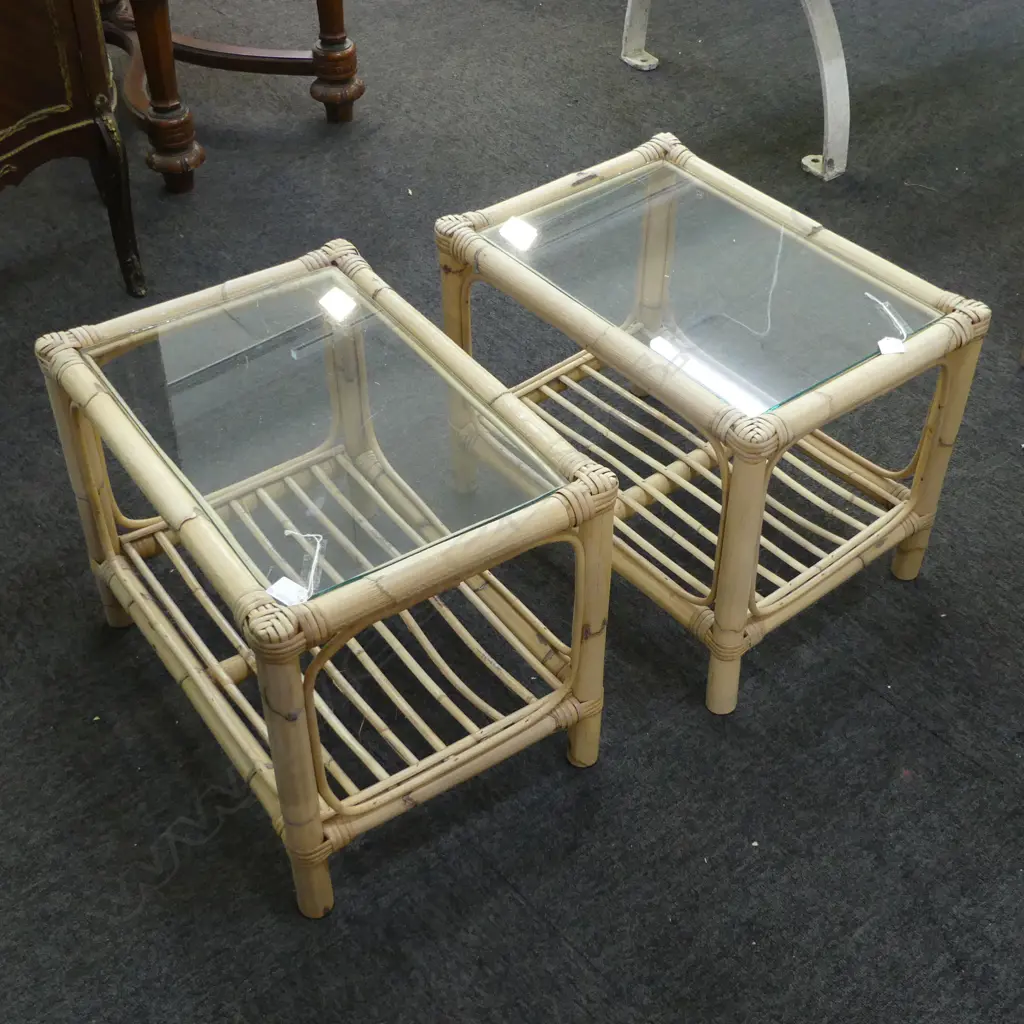 PAIR OF CANE GLASS TOP SIDE TABLES L.530mm W.380mm H.410mm Image 1++