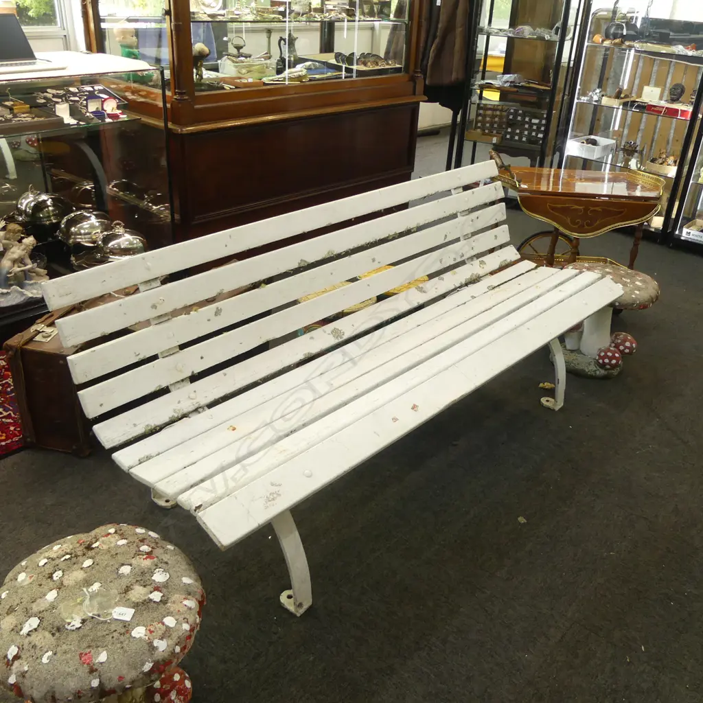 LONG OLD WHITE PAINTED SLATTED PARK BENCH IRON FRAME L. Image 1++