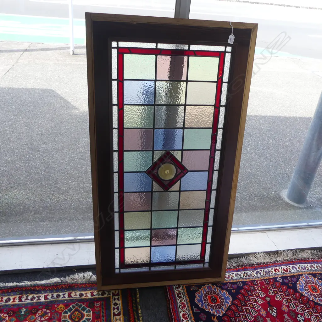 OAK FRAMED EARLY 20THC COLOURED STAINED GLASS WINDOW OAK FRAME Image 1++