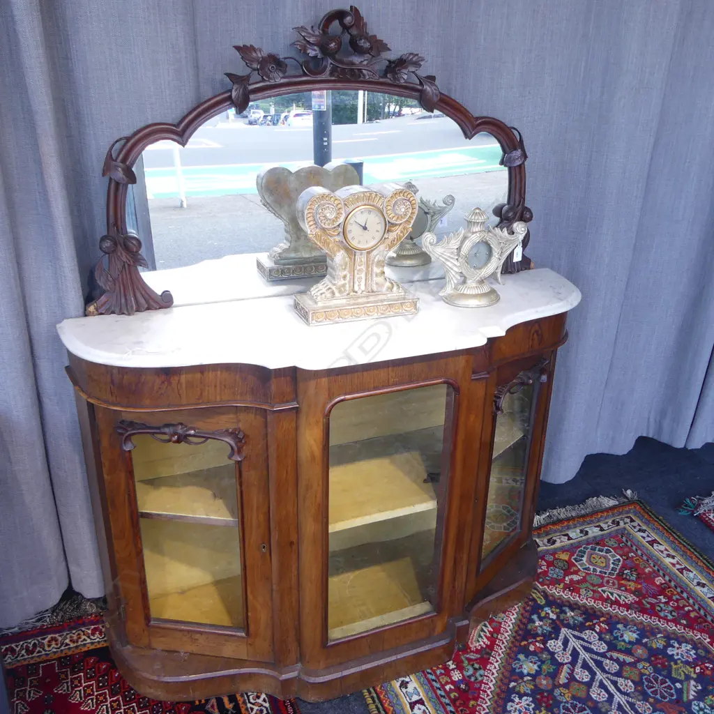 VICTORIAN MAHOGANY MIRROR BACKED CREDENZA WITH MARBLE TOP W 1200 H 1460 Image 1++