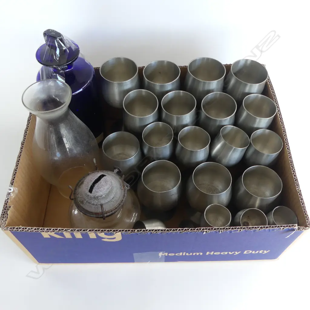 20 SENAGAL PEWTER GOBLETS BLUE GLASS BOTTLE & GLASS KERO LAMP Image 1++