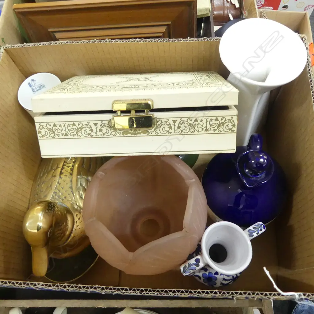BOX LOT BRASS DUCK CHINA & GLASS COSTUME JEWLERY ETC Image 1++
