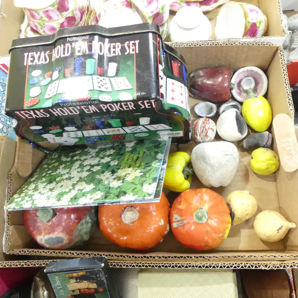 BOX LOT POTTERY VEGS POKER CHIPS STAMPS ETC Image 1++