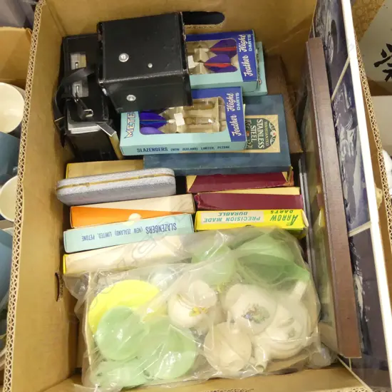 CASED CUTLERY, DARTS IN ORIG. BOXES, DELFT TILES, FRAMED NOTES, CHILDS TEA SET, CAMERAS