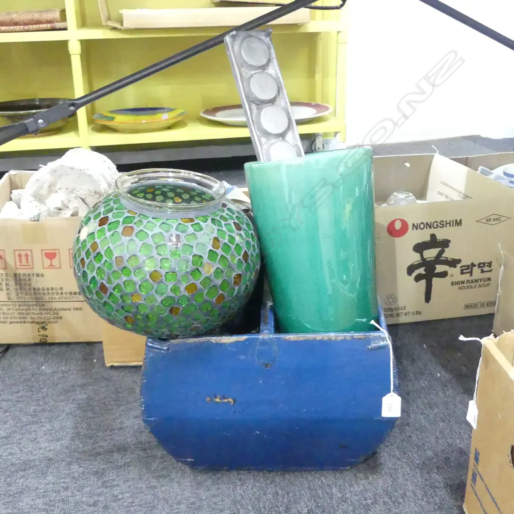 BLUE LACQUER ORIENTAL BASKET W.350mm + ASST. VASES, CANDLEHOLDERS ETC Image 1++
