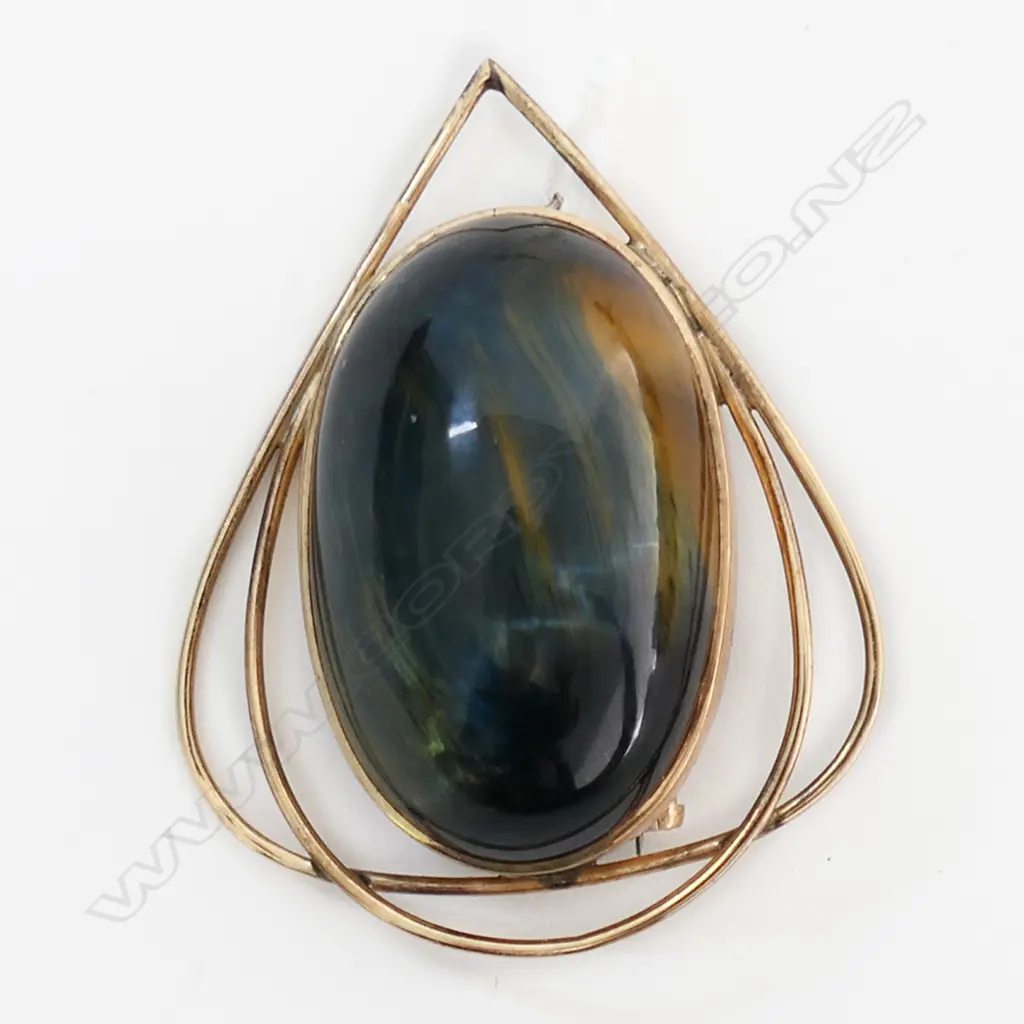 9ct GOLD RETRO & LGE TIGERSEYE PENDANT with brooch fitting 14.2gms Image 1++