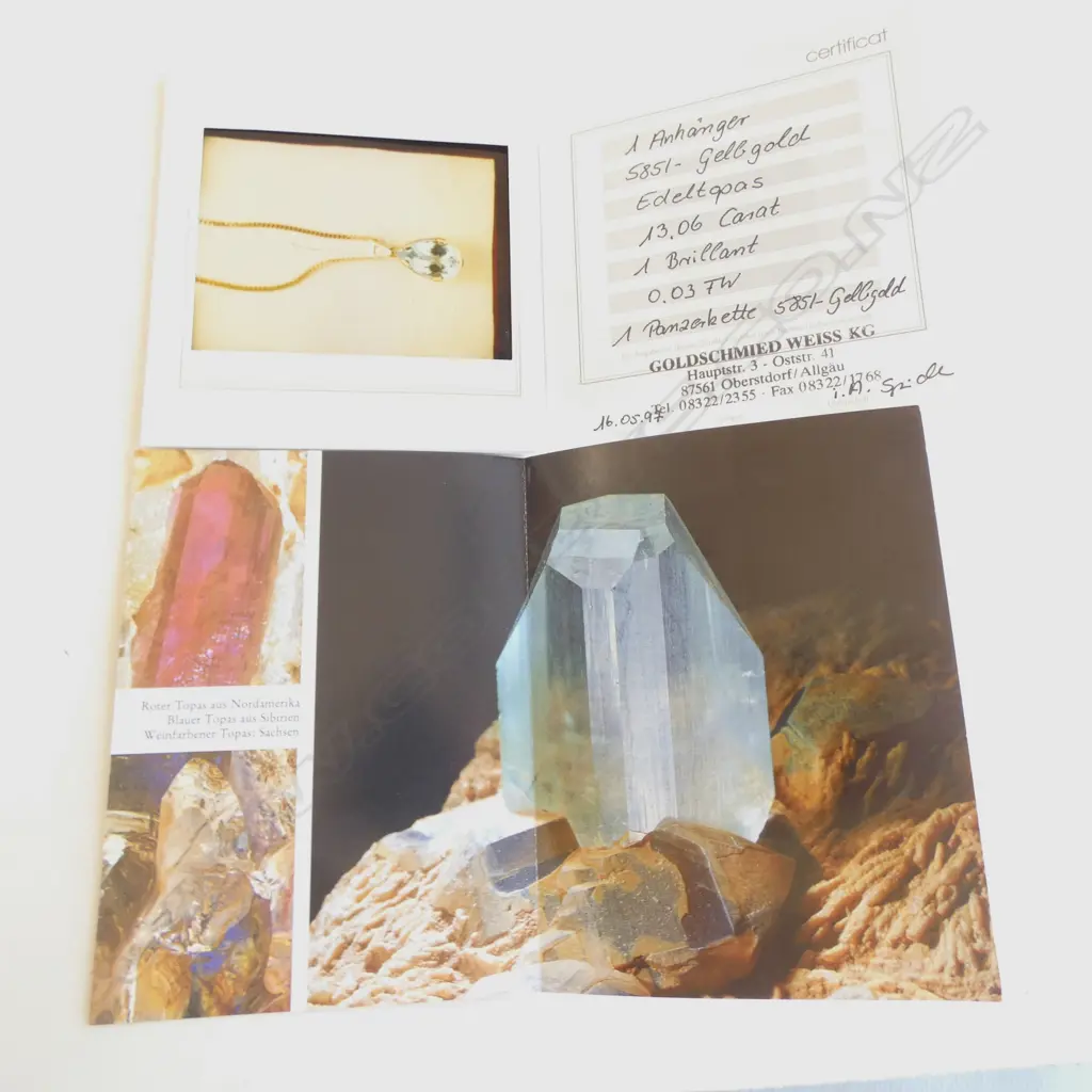 14ct GOLD & 13.06ct BLUE TOPAZ PENDANT w certificate on plate chain Image 1++