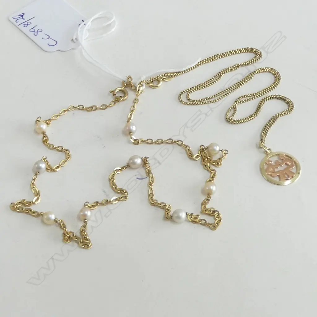 2 GOLD NECKLACES; 14CT w. PENDANT 3.7gms, 8CT w. PEARLS 4gms Image 1++