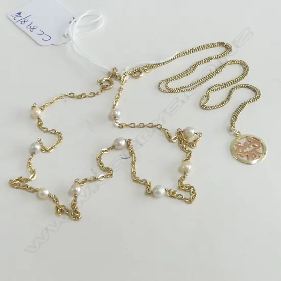 2 GOLD NECKLACES; 14CT w. PENDANT 3.7gms, 8CT w. PEARLS 4gms