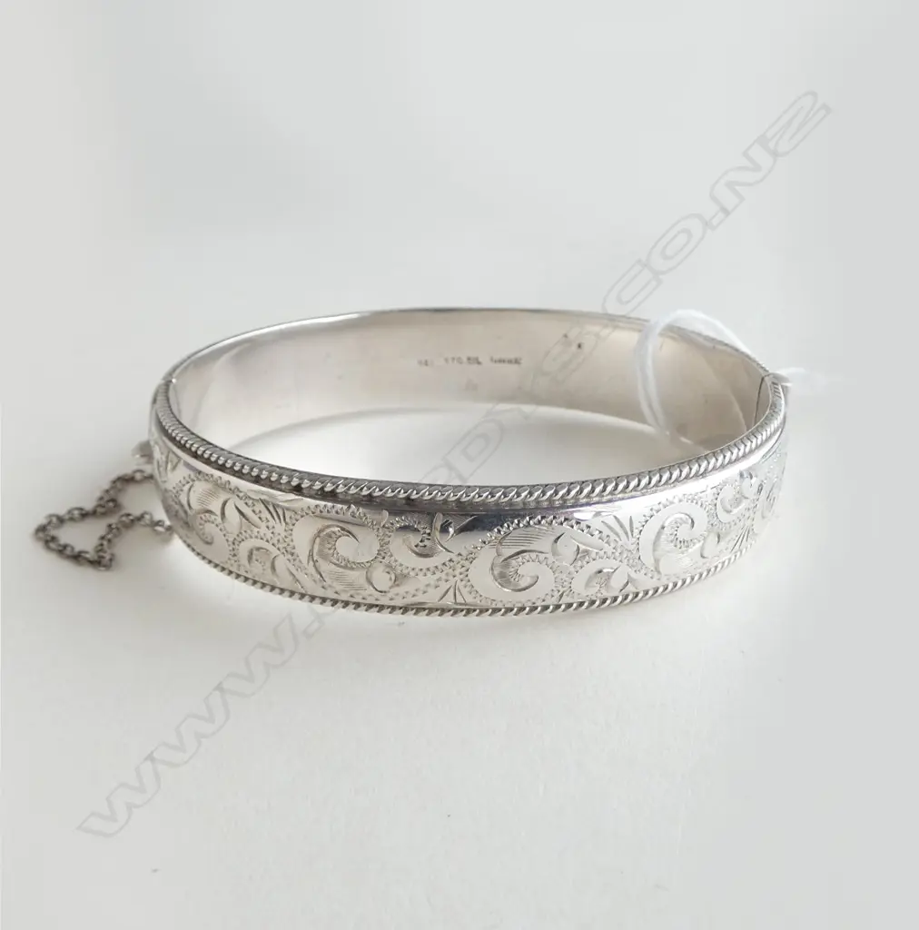 SILVER HALF ENGRAVED HINGED BRACELET by H & S. NZ made. Fine rope twist border Image 1++