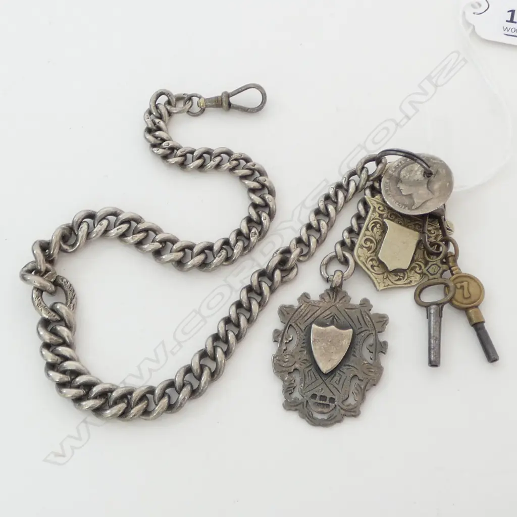 STG SILVER FOB CHAIN w. 2 TOKENS, COIN & 2 CLOCK KEYS 84gms Image 1++