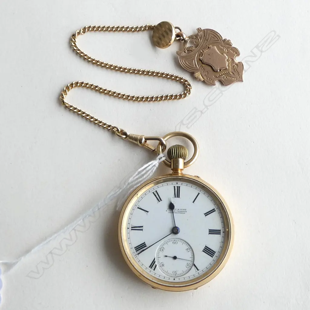 18ct GOLD EARLY 20thC GENT'S POCKET WATCH 90gms open face + 9ct CHAIN + FOB. 101gms total Image 1++