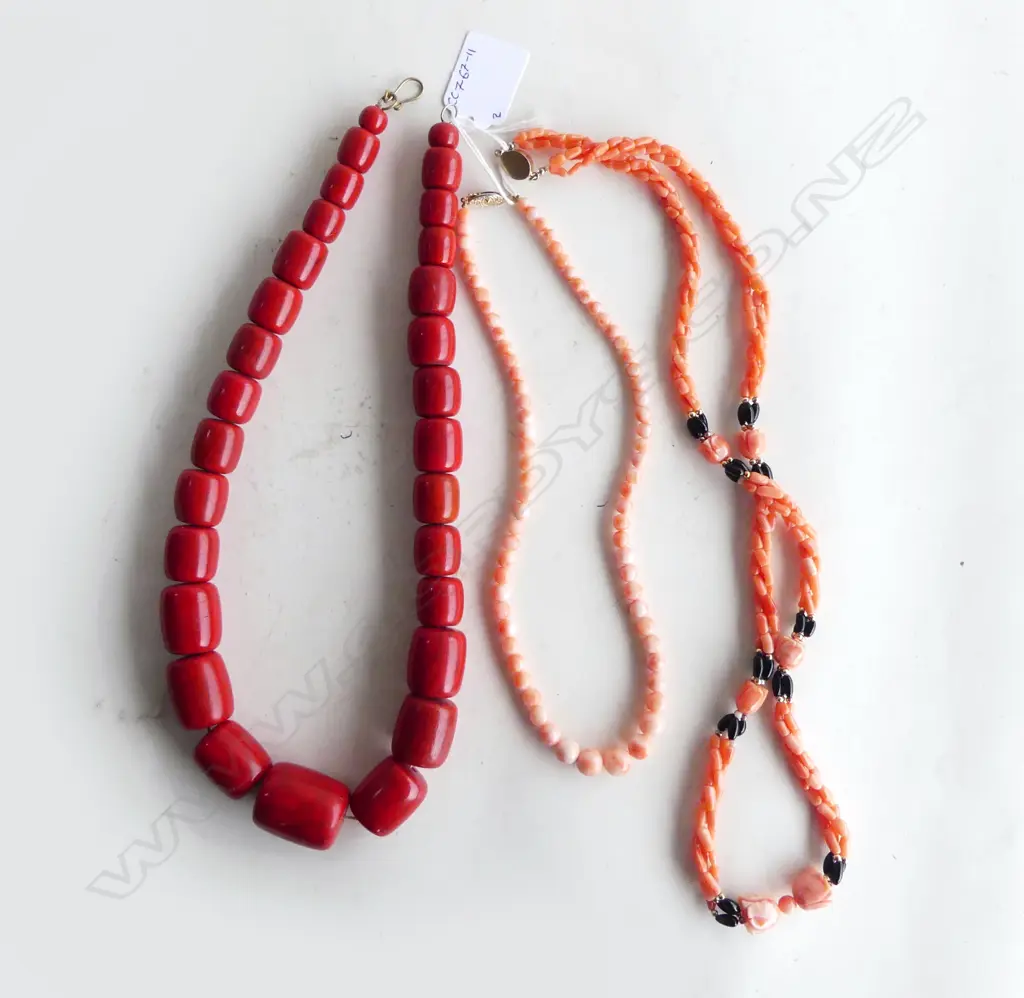 3 NECKLACES; 2 CORAL, 1 RED PLASTIC *** Image 1++