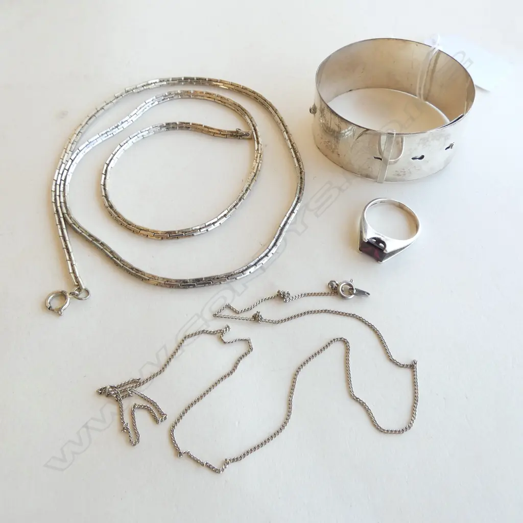 SILVER BELT FORM BANGLE + other jewellery. Silver ? chain + silver & gem set ring  Image 1++