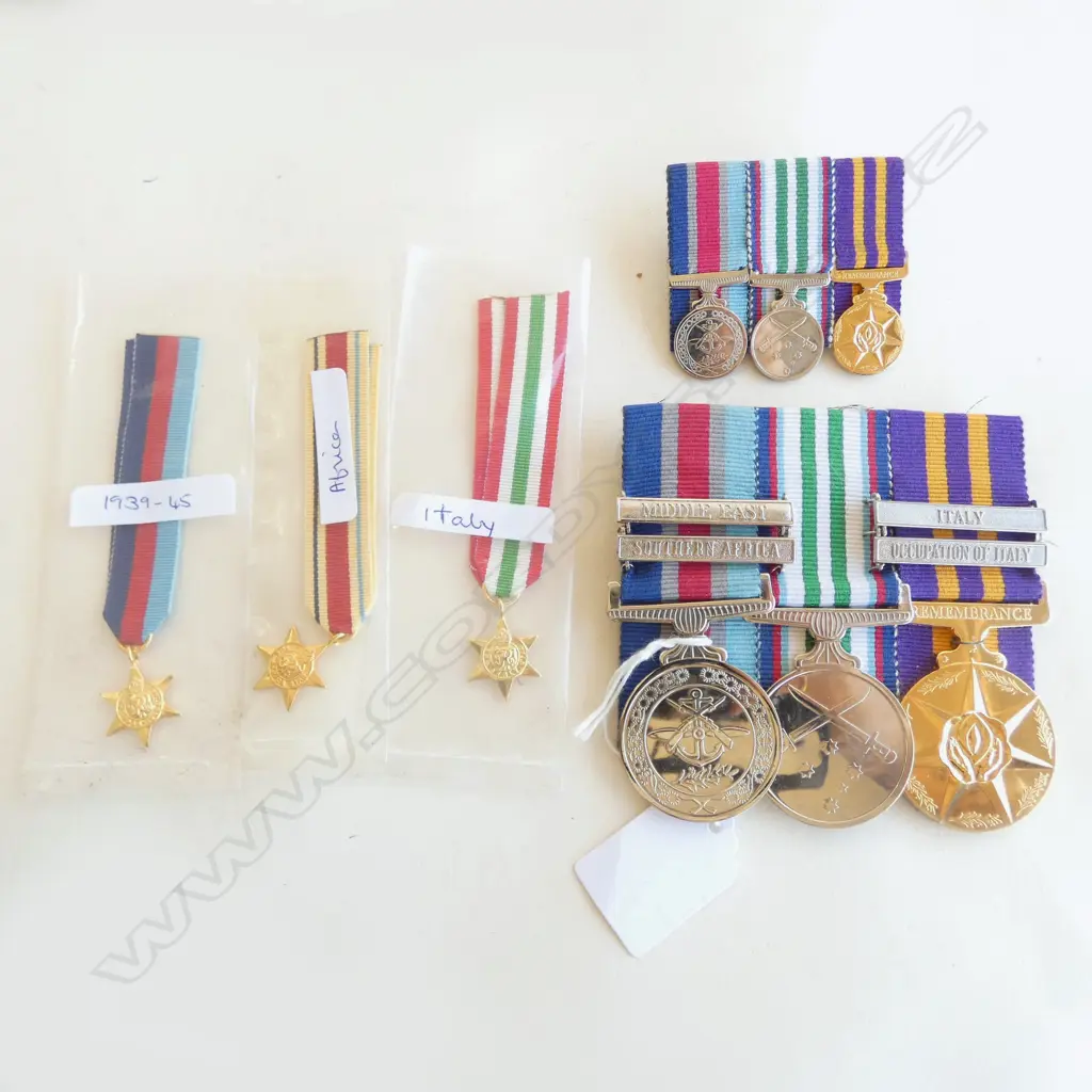 GROUP 3 WWII MEDALS: 2 with BARS SOUTHERN AFRICA + asst miniatures Image 1++