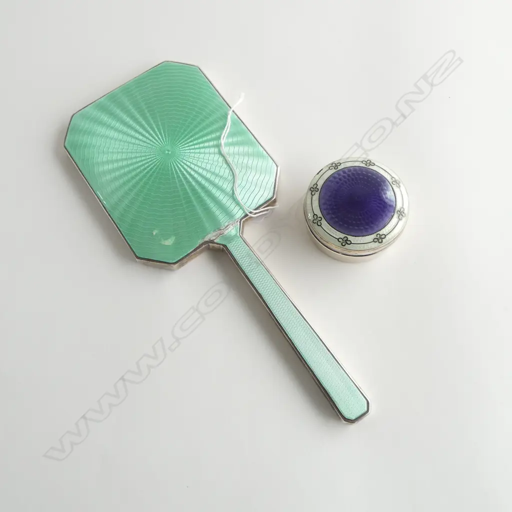 2 SILVER & GUILLOCHE ENAMEL VANITY ITEMS: green hand mirror London 1940 + purple box Birm.1910. Both with slight faults Image 1++