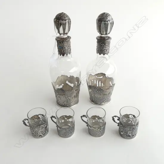 PR 19thC EUROPEAN EMBOSSED SILVER & GLASS LIQUOR DECANTERS & 4 MINI CUPS. Import marks Edinburgh 1892 slight faults 