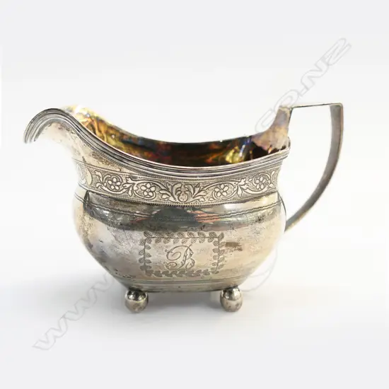 GEORGE III London 1806 SILVER FLAT BOTTOM CREAMER on ball feet prick engraved 135gms