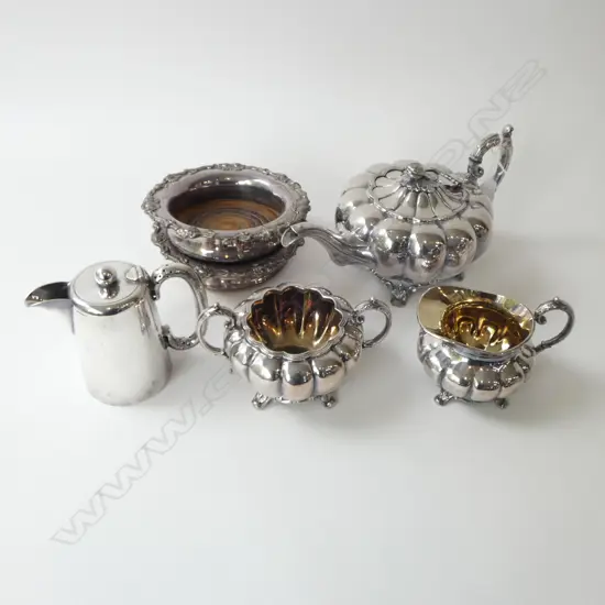 4 PCE SILVER PLATE TEA SET + PR EP WINE COASTERS