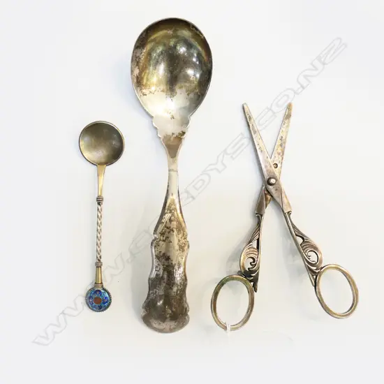 ANTIQUE DUTCH SILVER LADLE + SCISSORS & AUSTRIAN SILVER & ENAMEL ANTIQUE SPOON 103gms