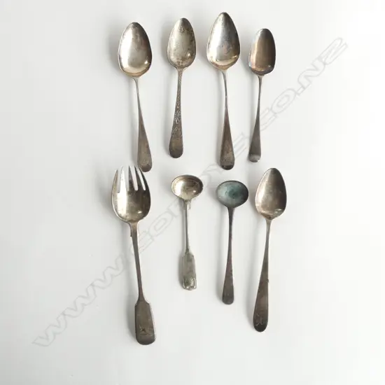 8 VARIOUS SMALL SPOONS: Vict. runcible spoon + 2 salt spoons + 4 various George III 1 bottom marked. 108gms 
